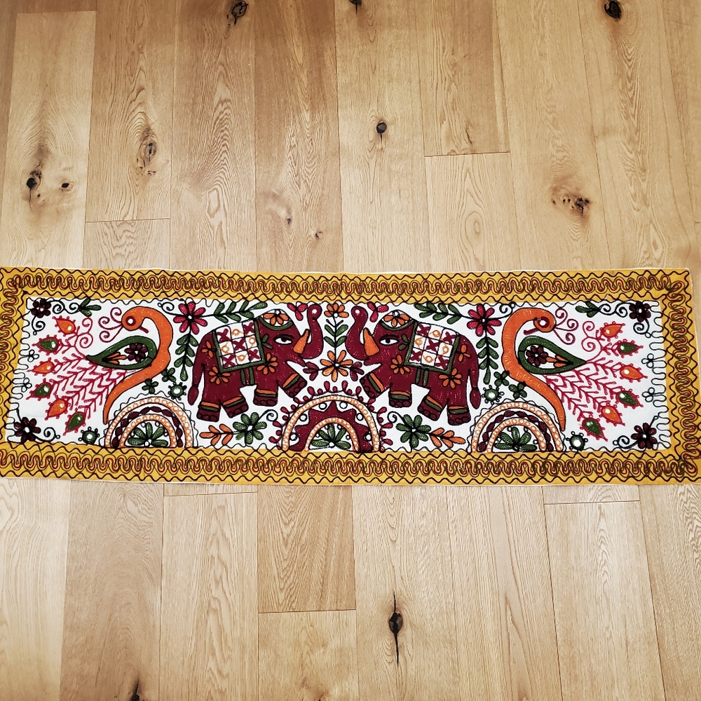 Colorful Embroidered Elephant Peacock Table / Bed Runner Tapestry Wall Hanging